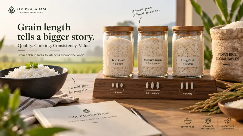 Three glass jars of short, medium and long grain rice labelled under 5.5mm, 5.5 to 6.6mm and over 6.6mm, beside a bowl of cooked rice
